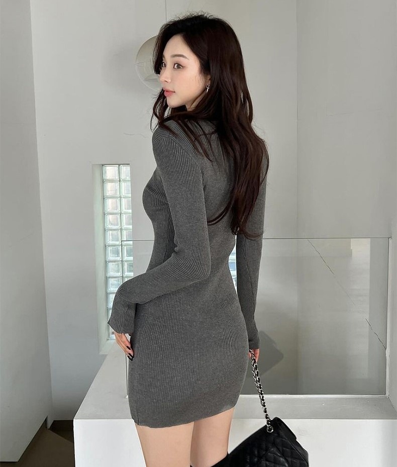 ニットワンピース タイトワンピ セクシー ワンピース ボディコン レディース ミニ タイト 胸元 ショート丈 Vネック ハイネック 長袖 リブ シンプル 大人 おしゃれ お洒落 秋 冬 デート