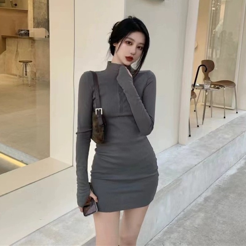 ニットワンピース タイトワンピ セクシー ワンピース ボディコン レディース ミニ タイト 胸元 ショート丈 Vネック ハイネック 長袖 リブ シンプル 大人 おしゃれ お洒落 秋 冬 デート