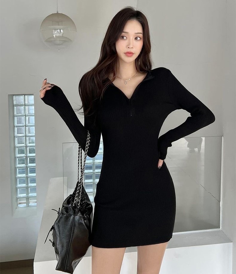ニットワンピース タイトワンピ セクシー ワンピース ボディコン レディース ミニ タイト 胸元 ショート丈 Vネック ハイネック 長袖 リブ シンプル 大人 おしゃれ お洒落 秋 冬 デート