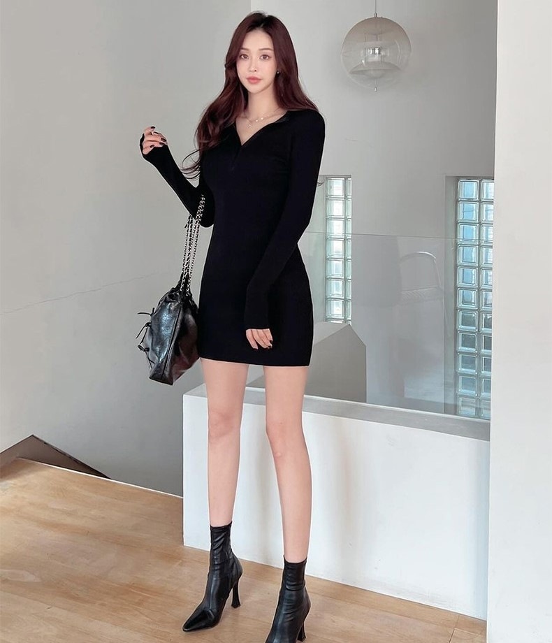 ニットワンピース タイトワンピ セクシー ワンピース ボディコン レディース ミニ タイト 胸元 ショート丈 Vネック ハイネック 長袖 リブ シンプル 大人 おしゃれ お洒落 秋 冬 デート
