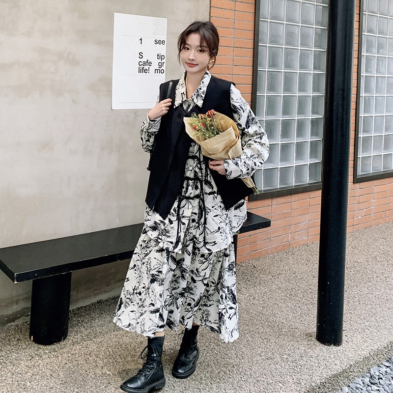 インクプリントワンピースセット春秋レディース2024新作フレンチレトロデザインセンスウエストコートゆったりツーピースセット
