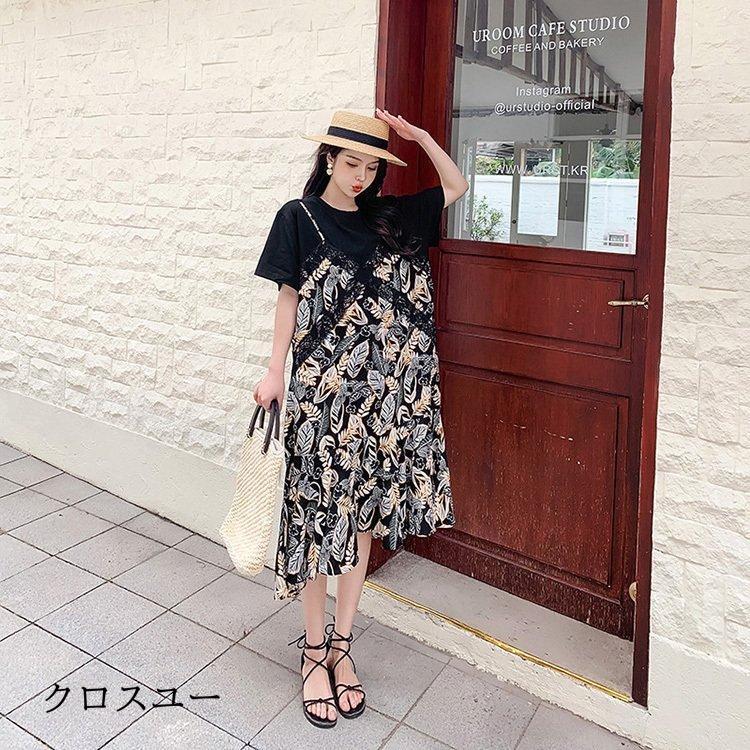 ワンピース レディース 40代 マキシワンピース 春夏 半袖 フレアスカート きれいめ 総柄 切り替え レース 韓国風 20代 30代 50代 フェイクレイヤード