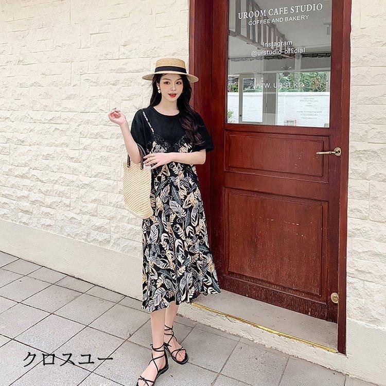 ワンピース レディース 40代 マキシワンピース 春夏 半袖 フレアスカート きれいめ 総柄 切り替え レース 韓国風 20代 30代 50代 フェイクレイヤード
