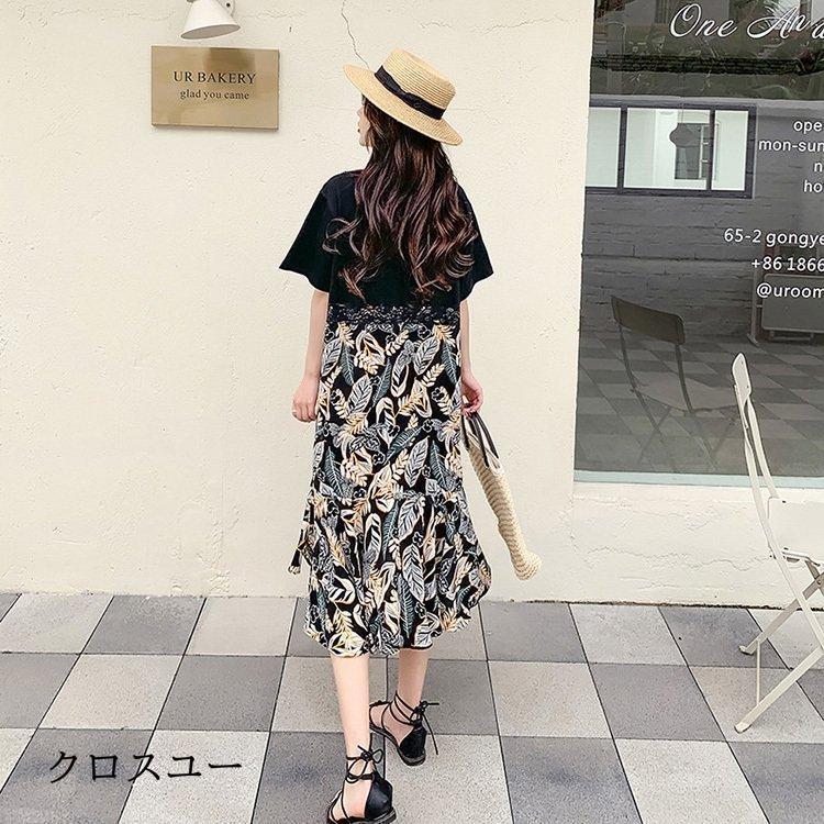 ワンピース レディース 40代 マキシワンピース 春夏 半袖 フレアスカート きれいめ 総柄 切り替え レース 韓国風 20代 30代 50代 フェイクレイヤード