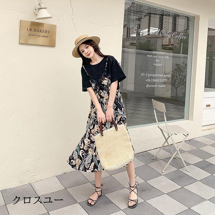 ワンピース レディース 40代 マキシワンピース 春夏 半袖 フレアスカート きれいめ 総柄 切り替え レース 韓国風 20代 30代 50代 フェイクレイヤード