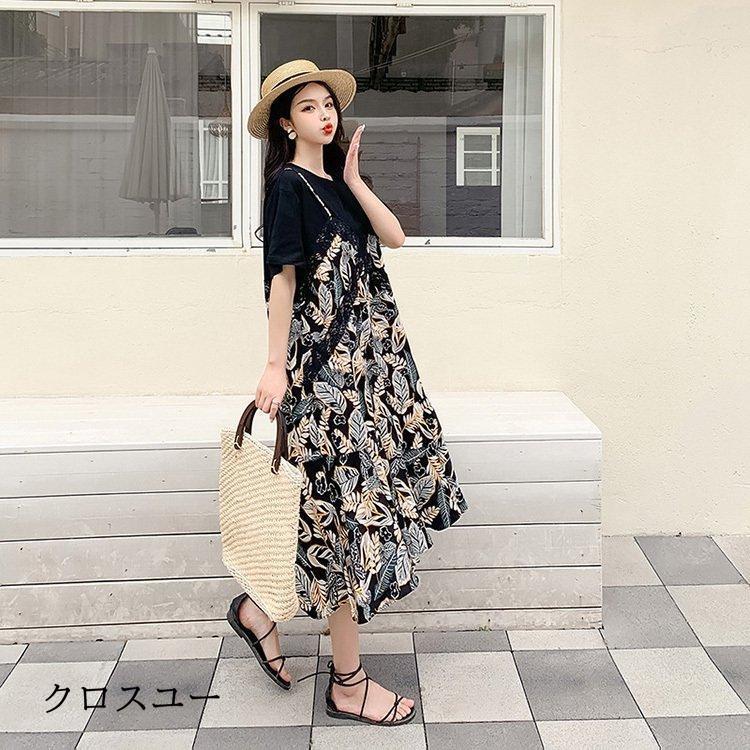 ワンピース レディース 40代 マキシワンピース 春夏 半袖 フレアスカート きれいめ 総柄 切り替え レース 韓国風 20代 30代 50代 フェイクレイヤード