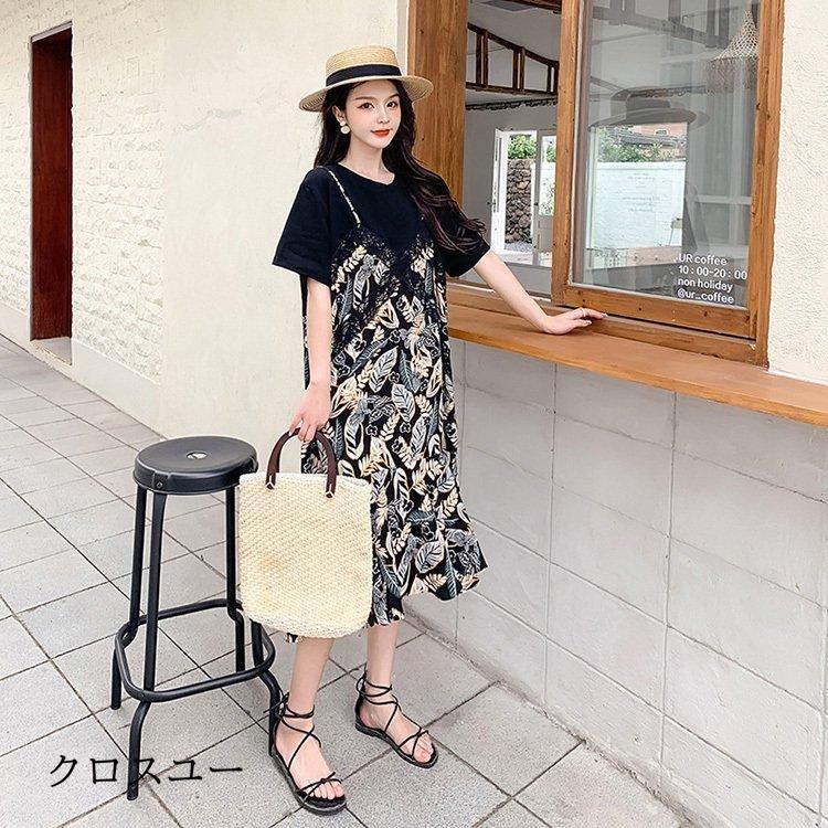 ワンピース レディース 40代 マキシワンピース 春夏 半袖 フレアスカート きれいめ 総柄 切り替え レース 韓国風 20代 30代 50代 フェイクレイヤード