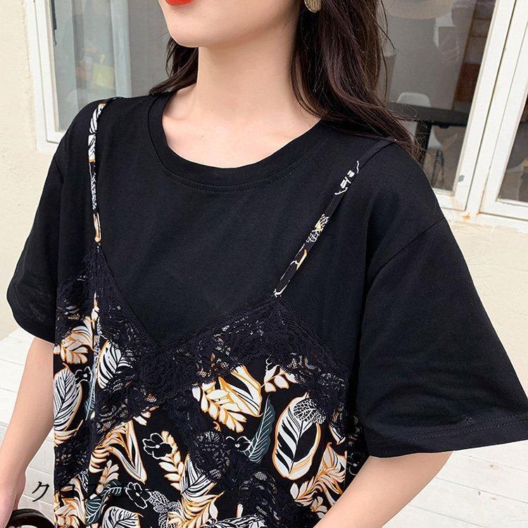 ワンピース レディース 40代 マキシワンピース 春夏 半袖 フレアスカート きれいめ 総柄 切り替え レース 韓国風 20代 30代 50代 フェイクレイヤード