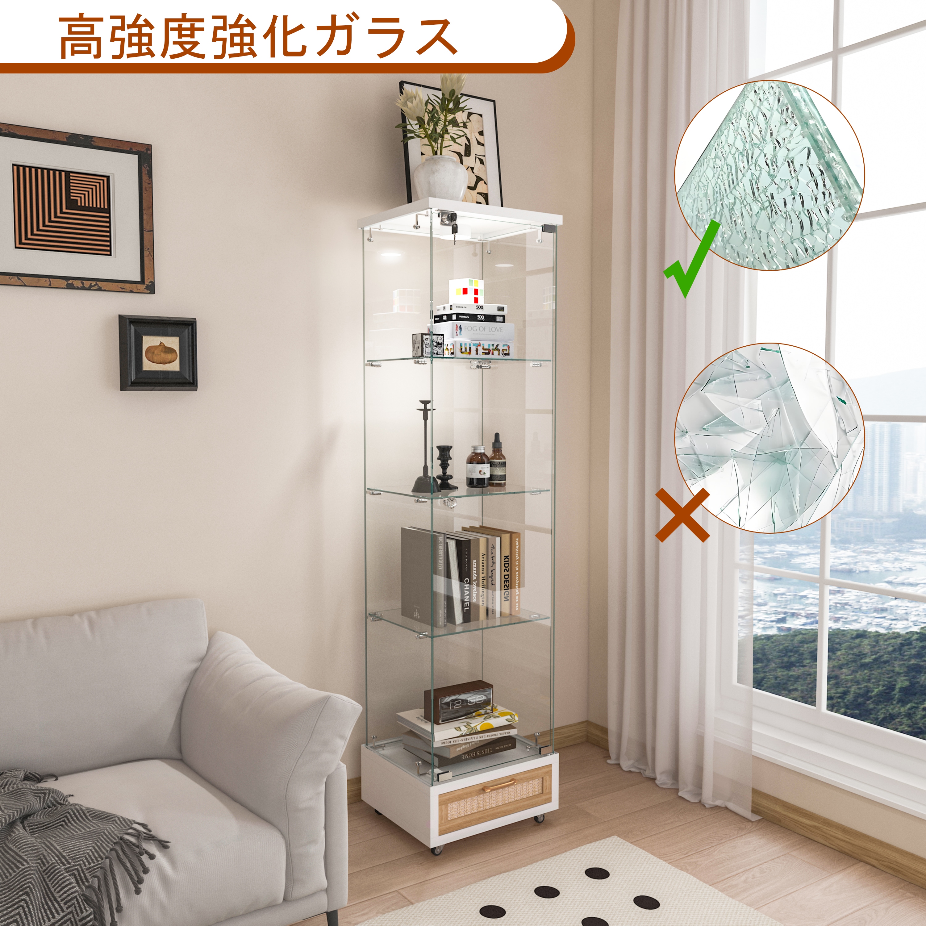 489LED照明&引き出し付き ガラスディスプレイキャビネット鍵付き強化ガラス収納棚リビング・寝室用 1ドア4段 ホワイト 489LED照明&引き出し付き ガラスディスプレイキャビネット鍵付き強化ガラス収納棚リビング・寝室用 1ドア4段 ホワイト