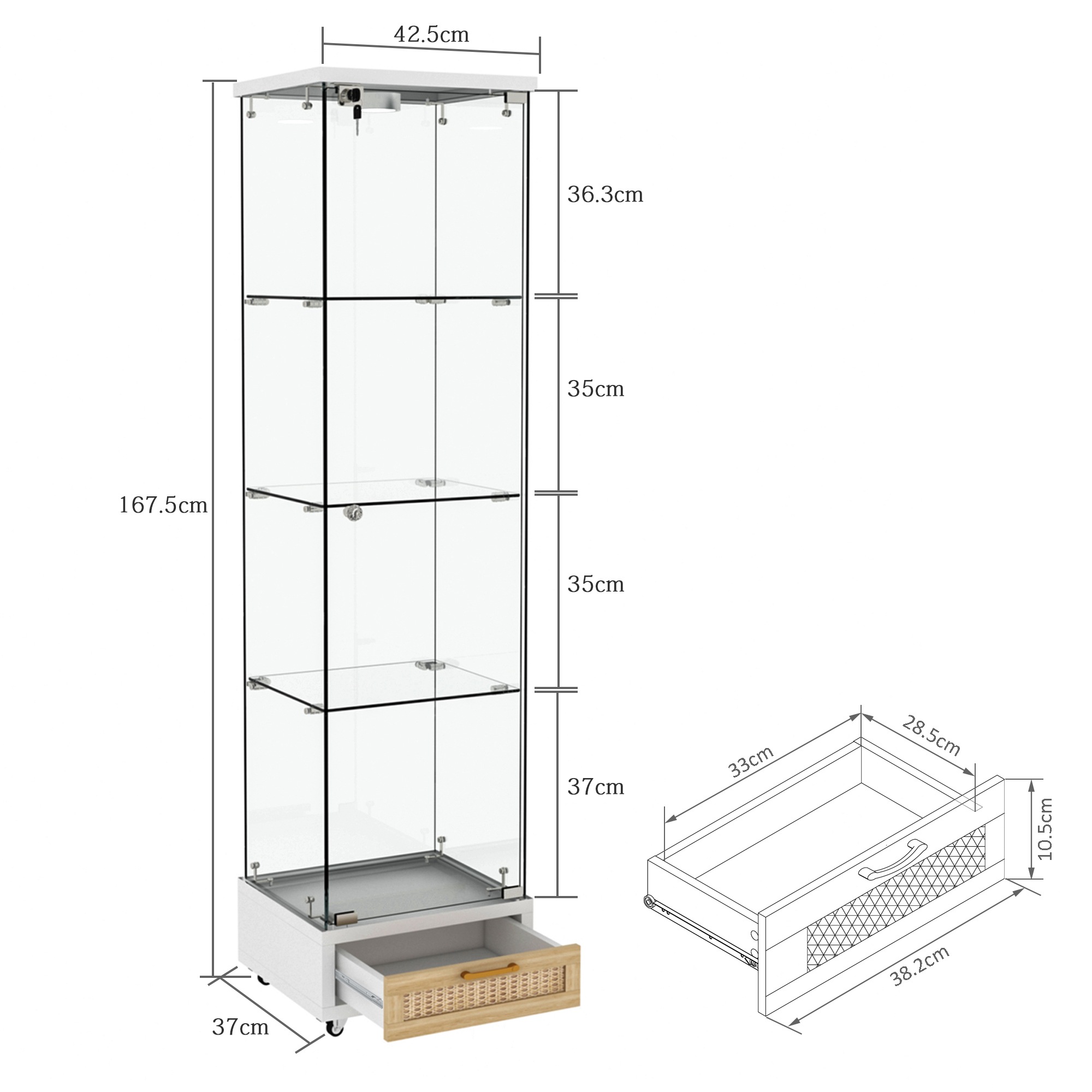 489LED照明&引き出し付き ガラスディスプレイキャビネット鍵付き強化ガラス収納棚リビング・寝室用 1ドア4段 ホワイト 489LED照明&引き出し付き ガラスディスプレイキャビネット鍵付き強化ガラス収納棚リビング・寝室用 1ドア4段 ホワイト