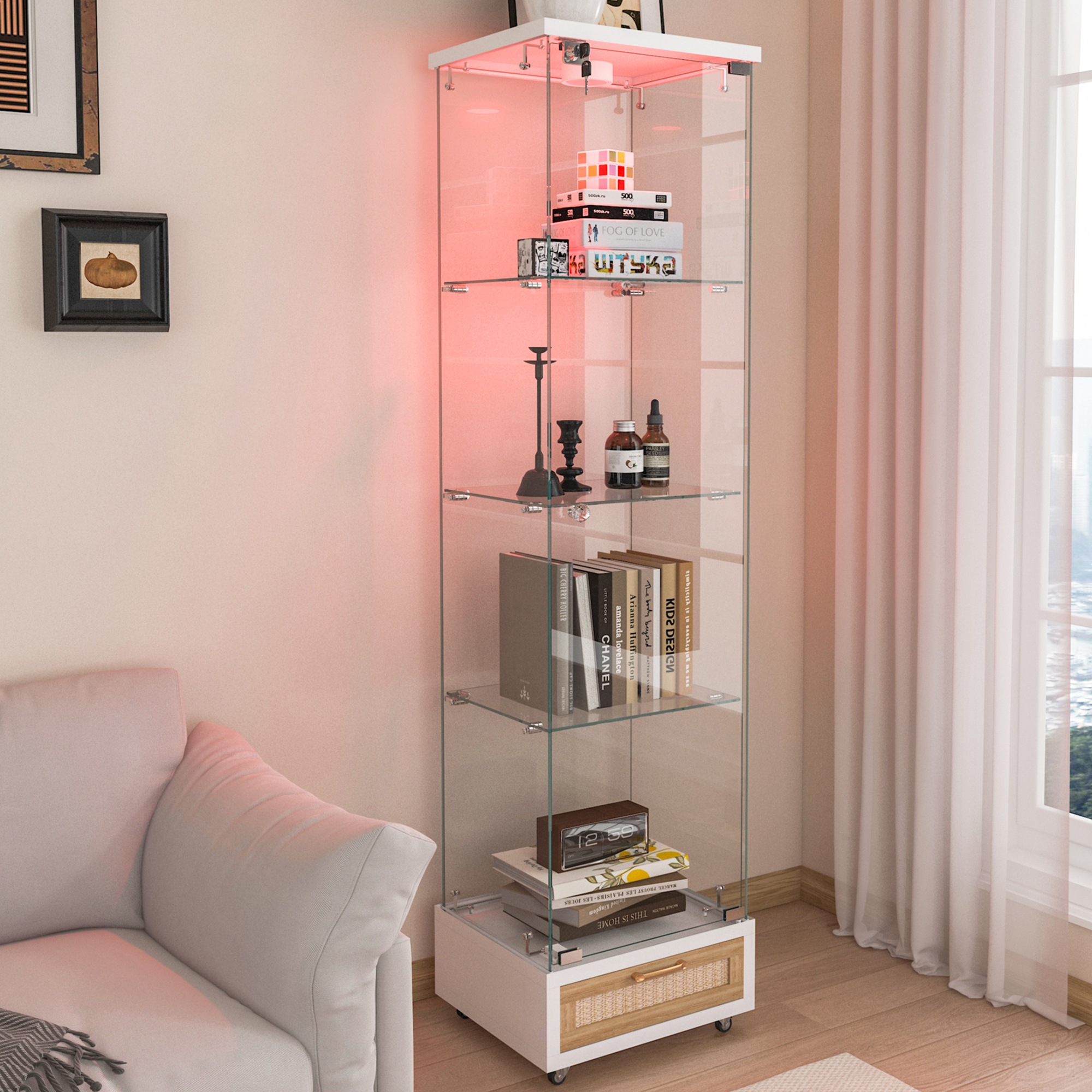 489LED照明&引き出し付き ガラスディスプレイキャビネット鍵付き強化ガラス収納棚リビング・寝室用 1ドア4段 ホワイト 489LED照明&引き出し付き ガラスディスプレイキャビネット鍵付き強化ガラス収納棚リビング・寝室用 1ドア4段 ホワイト