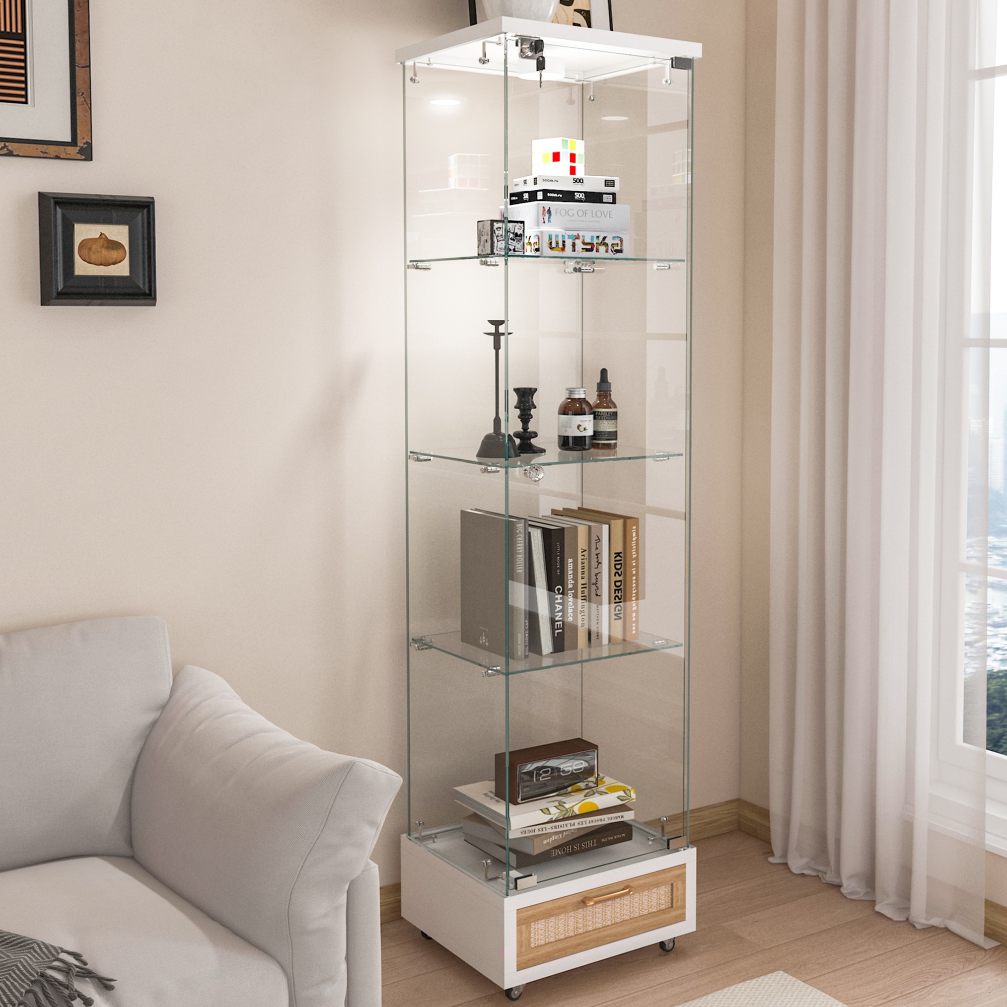 489LED照明&引き出し付き ガラスディスプレイキャビネット鍵付き強化ガラス収納棚リビング・寝室用 1ドア4段 ホワイト 489LED照明&引き出し付き ガラスディスプレイキャビネット鍵付き強化ガラス収納棚リビング・寝室用 1ドア4段 ホワイト