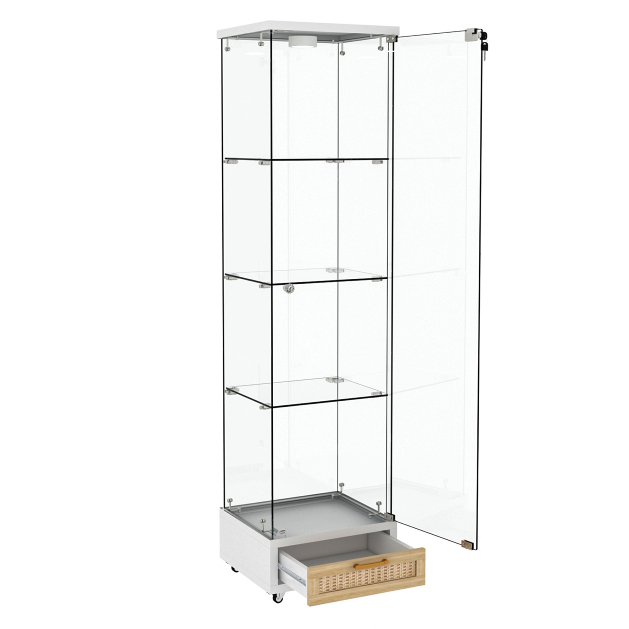 489LED照明&引き出し付き ガラスディスプレイキャビネット鍵付き強化ガラス収納棚リビング・寝室用 1ドア4段 ホワイト 489LED照明&引き出し付き ガラスディスプレイキャビネット鍵付き強化ガラス収納棚リビング・寝室用 1ドア4段 ホワイト