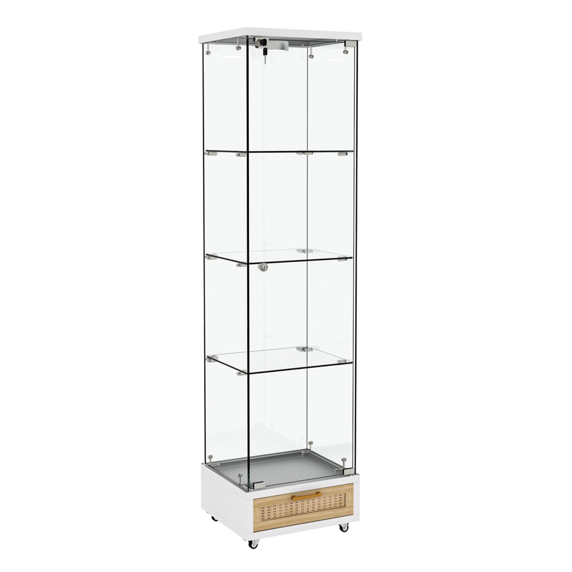 489LED照明&引き出し付き ガラスディスプレイキャビネット鍵付き強化ガラス収納棚リビング・寝室用 1ドア4段 ホワイト 489LED照明&引き出し付き ガラスディスプレイキャビネット鍵付き強化ガラス収納棚リビング・寝室用 1ドア4段 ホワイト