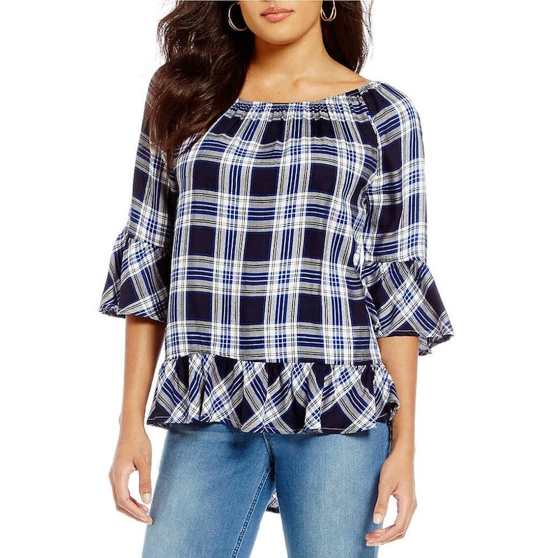 ウエストバウンド レディース トップス ブラウス・シャツ【Westbound Petites Plaid Peplum Top】Dark Navy Plaid ウエストバウンド レディース トップス ブラウス・シャツ【Westbound Petites Plaid Peplum Top】Dark Navy Plaid