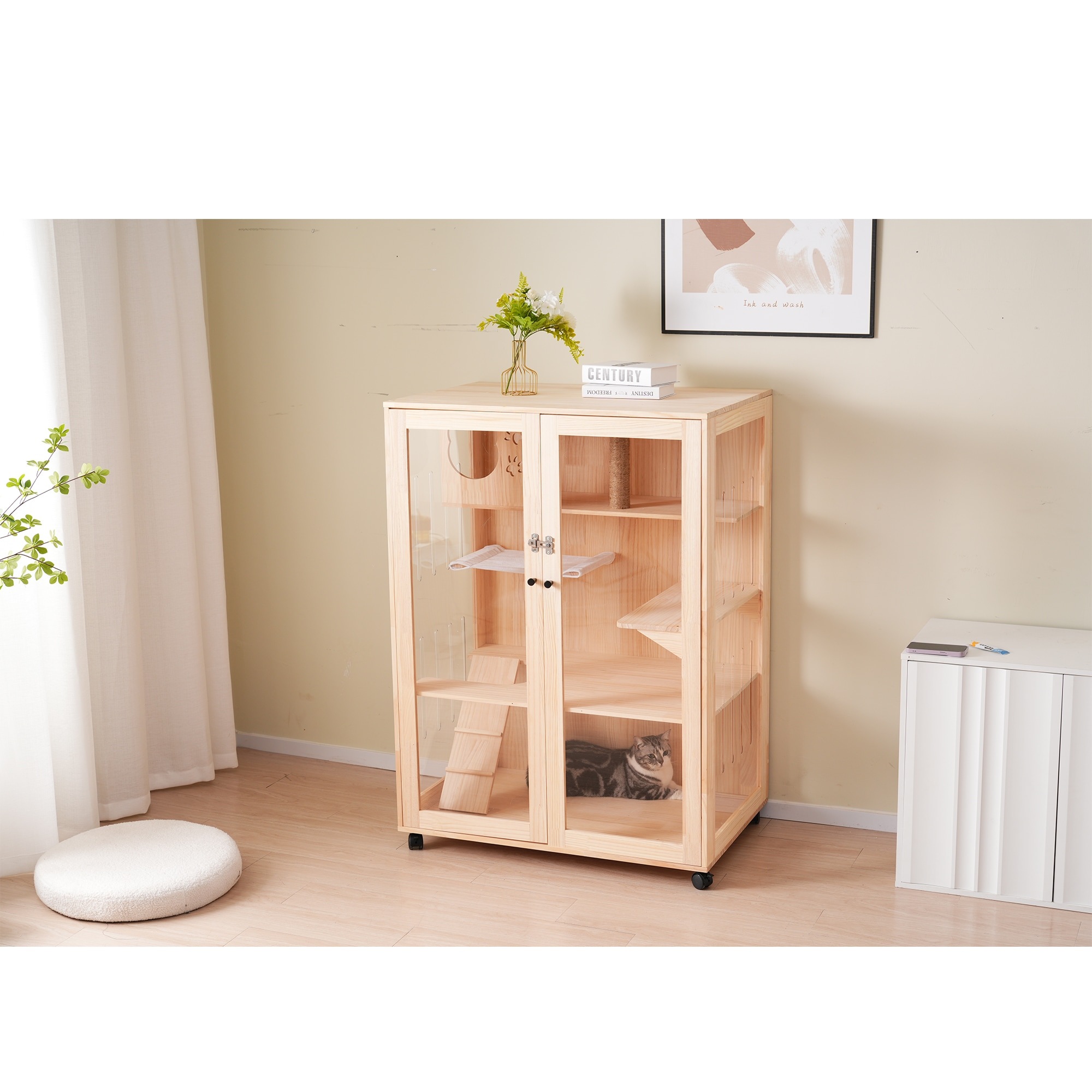 【国内即日発送】猫 ケージ キャットケージハンモック付き 木製 3段 ワイド 多頭飼い ペットケージ 隠れ家 キャスター付き 多段 留守番 保護 脱走防止 幅広い 据え置き ペット用品 おしゃれ