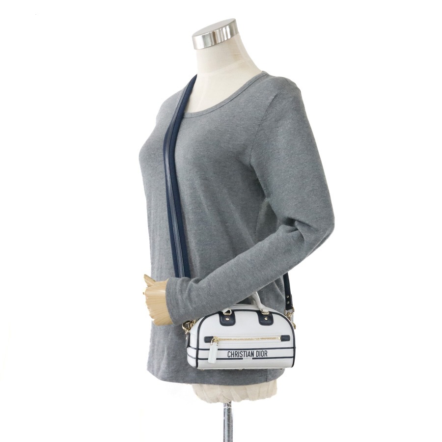クリスチャンディオール Christian Dior ショルダーバッグ ヴァイブ スモール ボウリングバッグ レザー ホワイト×ネイビー レディース 99960k