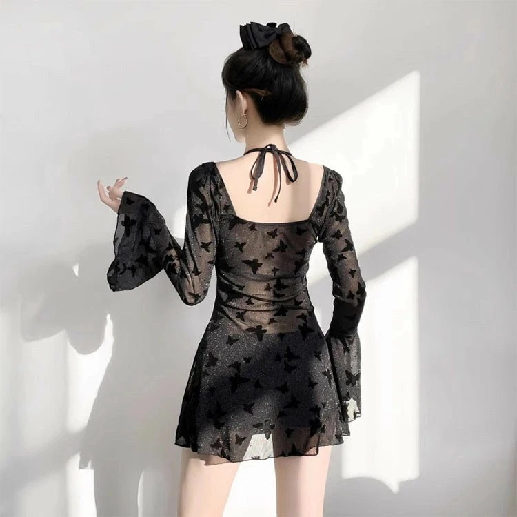 水着 レディース ブラック 体型カバー セパレート 露出控えめ 2点セット ワンピース ショートパンツ 透け感あり ママ水着 韓国 セクシー 温泉 海 女の子 高校生 可愛い カバーアップ 細見え 胸