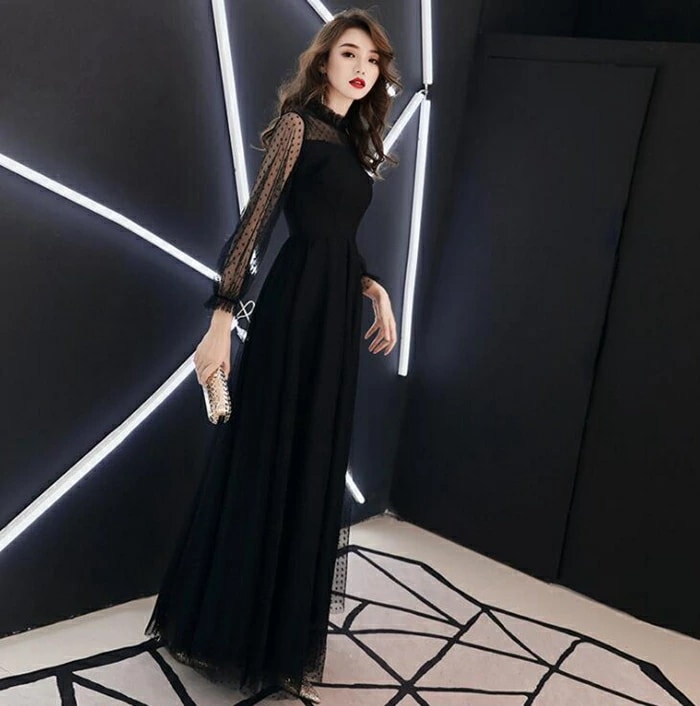 パーティードレス　結婚式 ワンピース 水玉柄　ドット柄 ロングドレス パーティードレス 袖あり 長袖 ロング ドレス ピアノ 発表会 演奏会 パーティー パーティ ブライダル ウェディング 20代 3