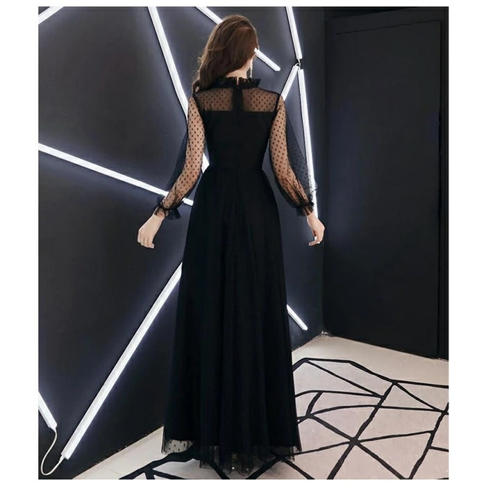 パーティードレス　結婚式 ワンピース 水玉柄　ドット柄 ロングドレス パーティードレス 袖あり 長袖 ロング ドレス ピアノ 発表会 演奏会 パーティー パーティ ブライダル ウェディング 20代 3