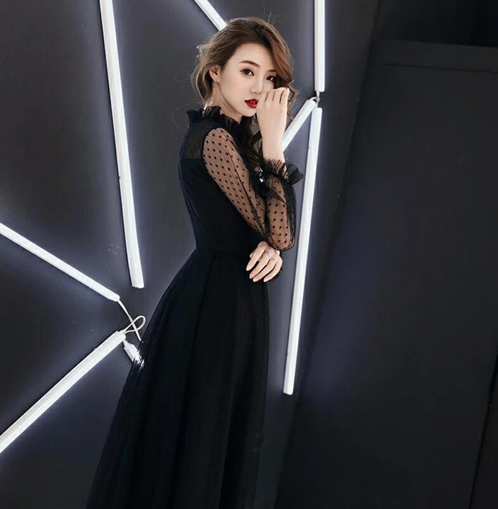 パーティードレス　結婚式 ワンピース 水玉柄　ドット柄 ロングドレス パーティードレス 袖あり 長袖 ロング ドレス ピアノ 発表会 演奏会 パーティー パーティ ブライダル ウェディング 20代 3