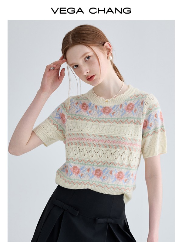 ジャカードセーター レディース 2025年秋冬新作 フレンチニッチ 中空 カジュアル 半袖トップス