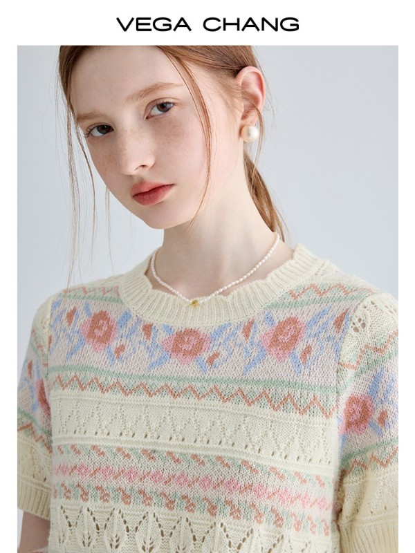 ジャカードセーター レディース 2025年秋冬新作 フレンチニッチ 中空 カジュアル 半袖トップス