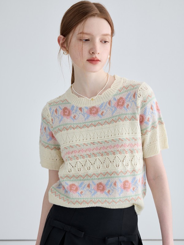 ジャカードセーター レディース 2025年秋冬新作 フレンチニッチ 中空 カジュアル 半袖トップス