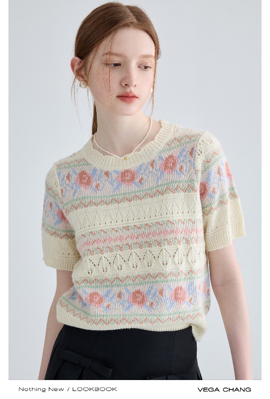 ジャカードセーター レディース 2025年秋冬新作 フレンチニッチ 中空 カジュアル 半袖トップス