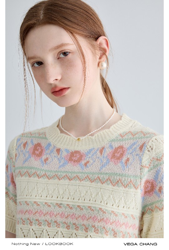 ジャカードセーター レディース 2025年秋冬新作 フレンチニッチ 中空 カジュアル 半袖トップス