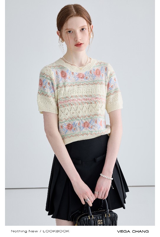 ジャカードセーター レディース 2025年秋冬新作 フレンチニッチ 中空 カジュアル 半袖トップス