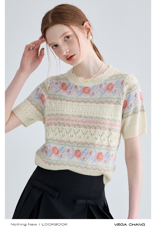 ジャカードセーター レディース 2025年秋冬新作 フレンチニッチ 中空 カジュアル 半袖トップス