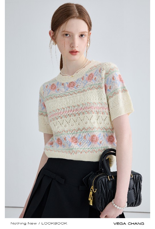 ジャカードセーター レディース 2025年秋冬新作 フレンチニッチ 中空 カジュアル 半袖トップス