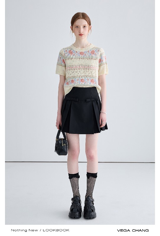 ジャカードセーター レディース 2025年秋冬新作 フレンチニッチ 中空 カジュアル 半袖トップス