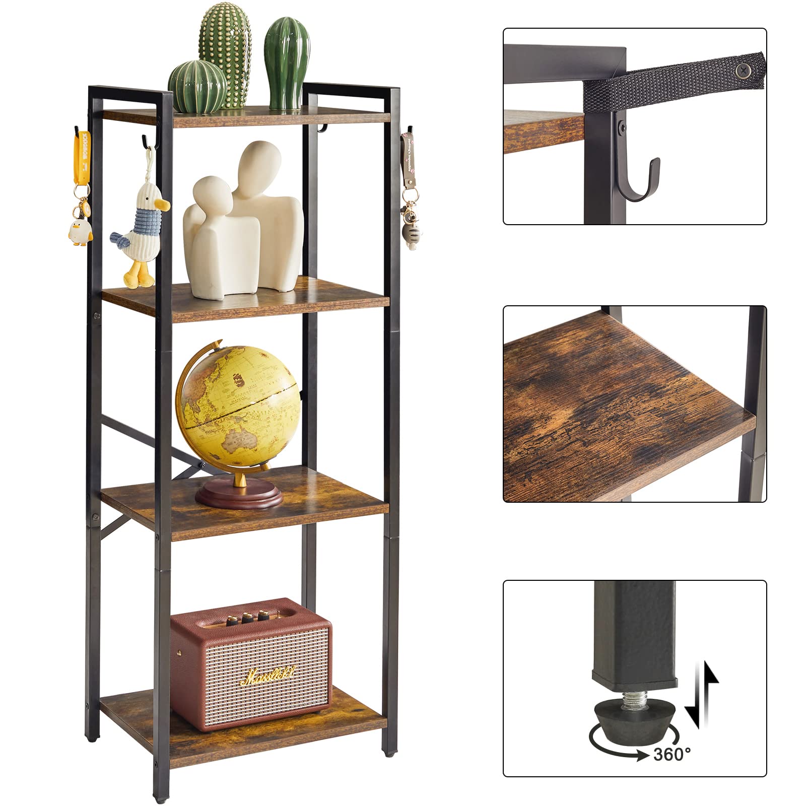 YMYNY本棚 4層収納ラック プラントラック スチールフレーム付き収納ラック リビングルーム オフ ィス 書斎 廊下 インダストリアルスタイル 素朴な茶色と黒 JPHBC004H YMYNY本棚 4層収納ラック プラントラック スチールフレーム付き収納ラック リビングルーム オフ ィス 書斎 廊下 インダストリアルスタイル 素朴な茶色と黒 JPHBC004H