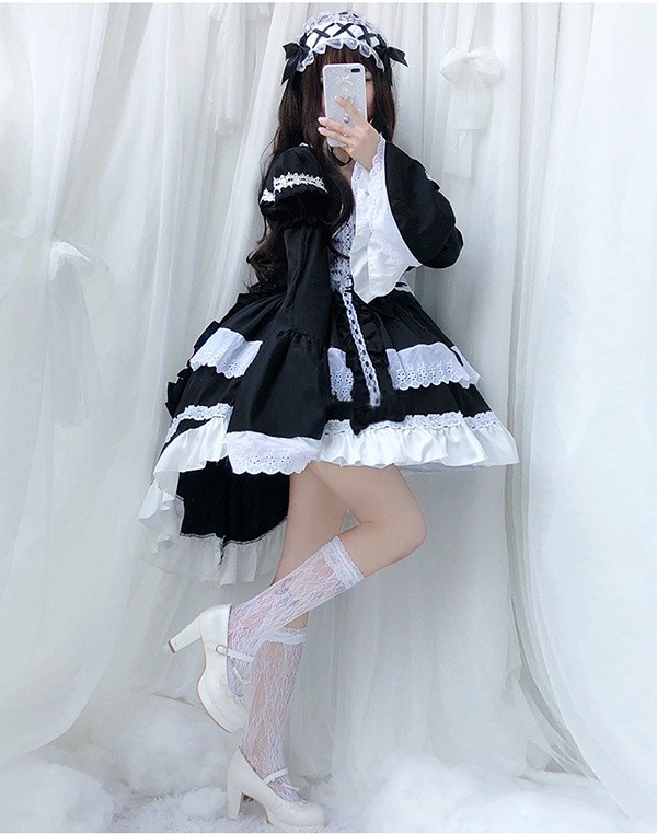 メイド コスプレ ワンピース メイド服 半袖 長袖 ヘッドドレス コスプレ 衣装 フィッシュテール COS コスチューム ハロウィン フリル レディース かわいい ロリータ ハイウエスト ブラック ピ