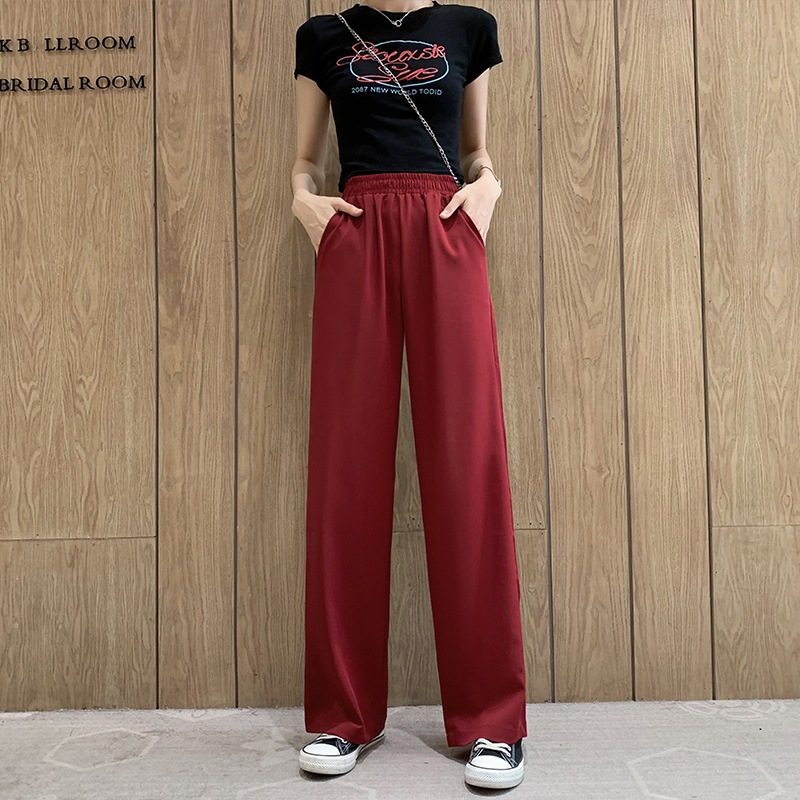 2色 ボトムス パンツ 秋 春夏 きれいめ カジュアル かわいい レディース ストレートパンツ ロング丈 無地 ウエスト ゴム ポケット 黒 ブラック 赤 レッド カラバリ かわいい 大人可愛い きれ