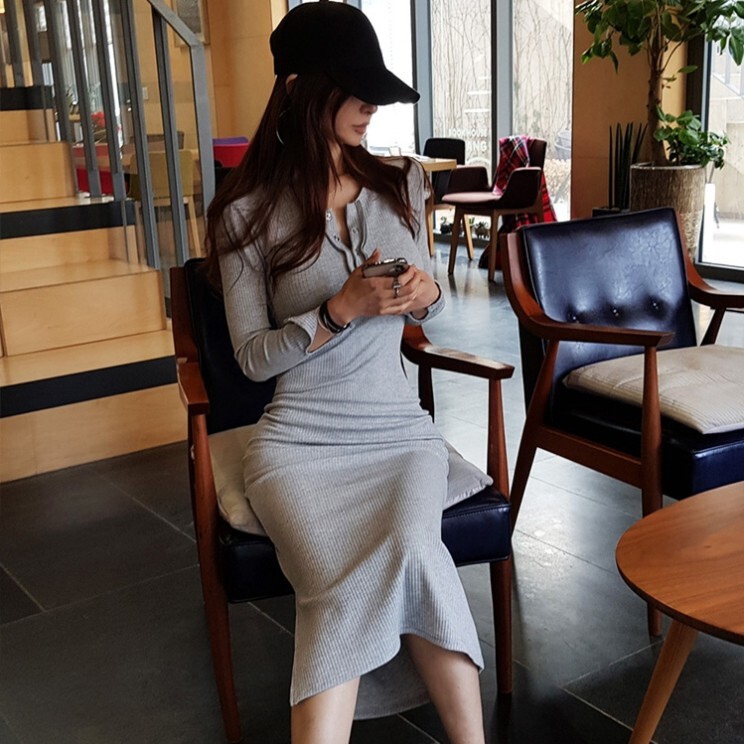 ワンピース タイト 膝丈 ミモレ ヘンリーネック 長袖 サイドスリット 細身 ストレート リブニット 大人可愛い メンズライク カジュアル ラフ 春 夏 秋 お出かけ 学生 デート グレー