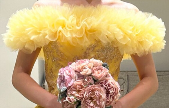 実例写真! パステルイエロー ソフトチュール オフショルダー 花嫁 前撮り 色直し 実例写真! パステルイエロー ソフトチュール オフショルダー 花嫁 前撮り 色直し