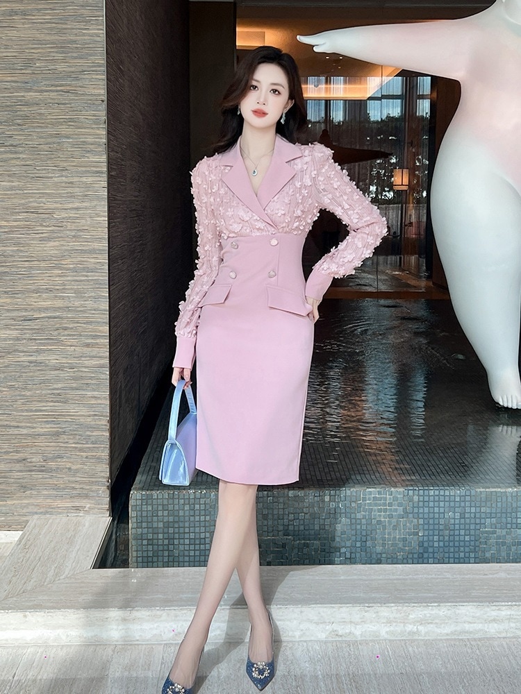 2024新品 スーツワンピース 花びら飾り ピンク ドレス パーティー キャバ 大人 同窓会 披露宴 卒業式 結婚式 演奏会 ウェディング 二次会 メガ割