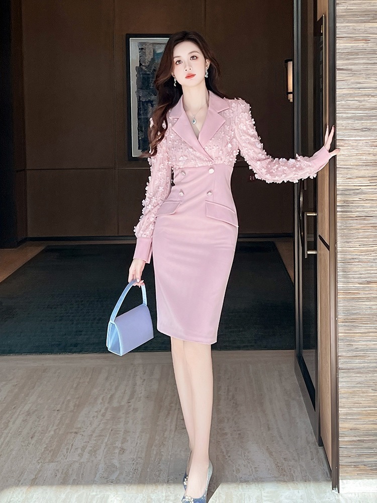 2024新品 スーツワンピース 花びら飾り ピンク ドレス パーティー キャバ 大人 同窓会 披露宴 卒業式 結婚式 演奏会 ウェディング 二次会 メガ割