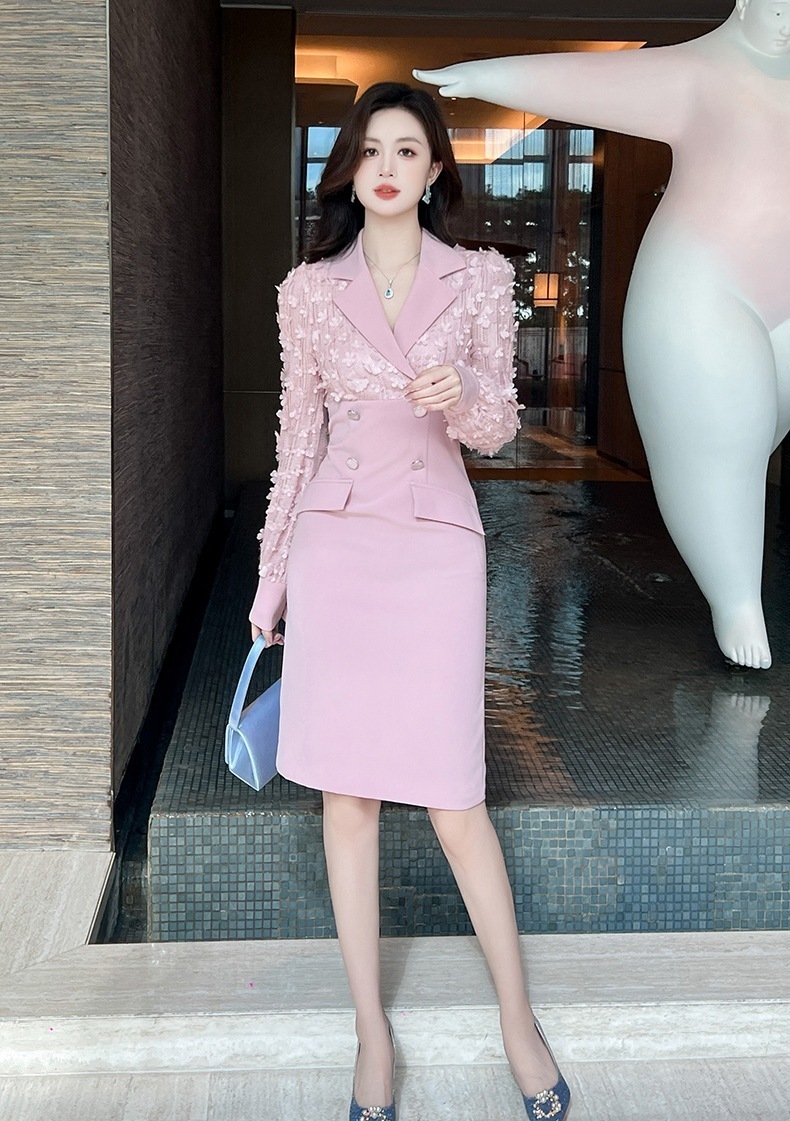 2024新品 スーツワンピース 花びら飾り ピンク ドレス パーティー キャバ 大人 同窓会 披露宴 卒業式 結婚式 演奏会 ウェディング 二次会 メガ割