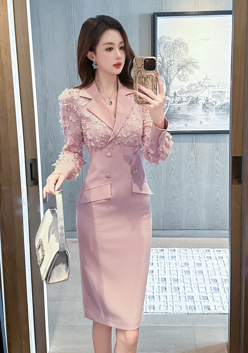 2024新品 スーツワンピース 花びら飾り ピンク ドレス パーティー キャバ 大人 同窓会 披露宴 卒業式 結婚式 演奏会 ウェディング 二次会 メガ割