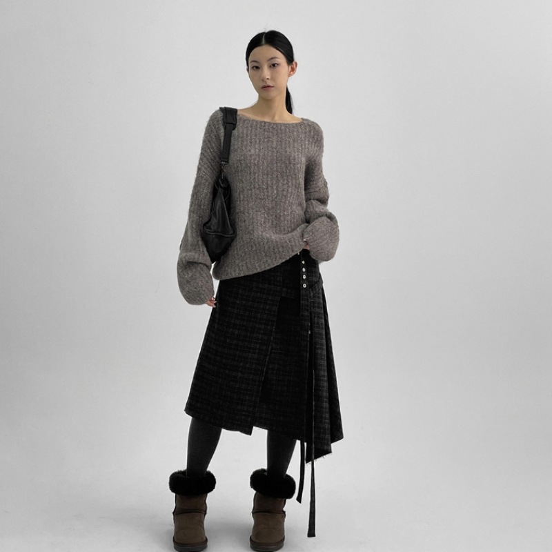 ブラックアップトールバックチェックプリーツミディスカート (30% ウール) ブラックアップトールバックチェックプリーツミディスカート (30% ウール)