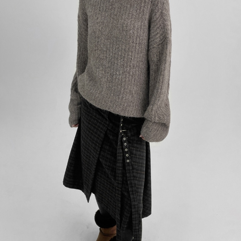 ブラックアップトールバックチェックプリーツミディスカート (30% ウール) ブラックアップトールバックチェックプリーツミディスカート (30% ウール)