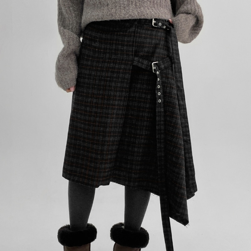 ブラックアップトールバックチェックプリーツミディスカート (30% ウール) ブラックアップトールバックチェックプリーツミディスカート (30% ウール)