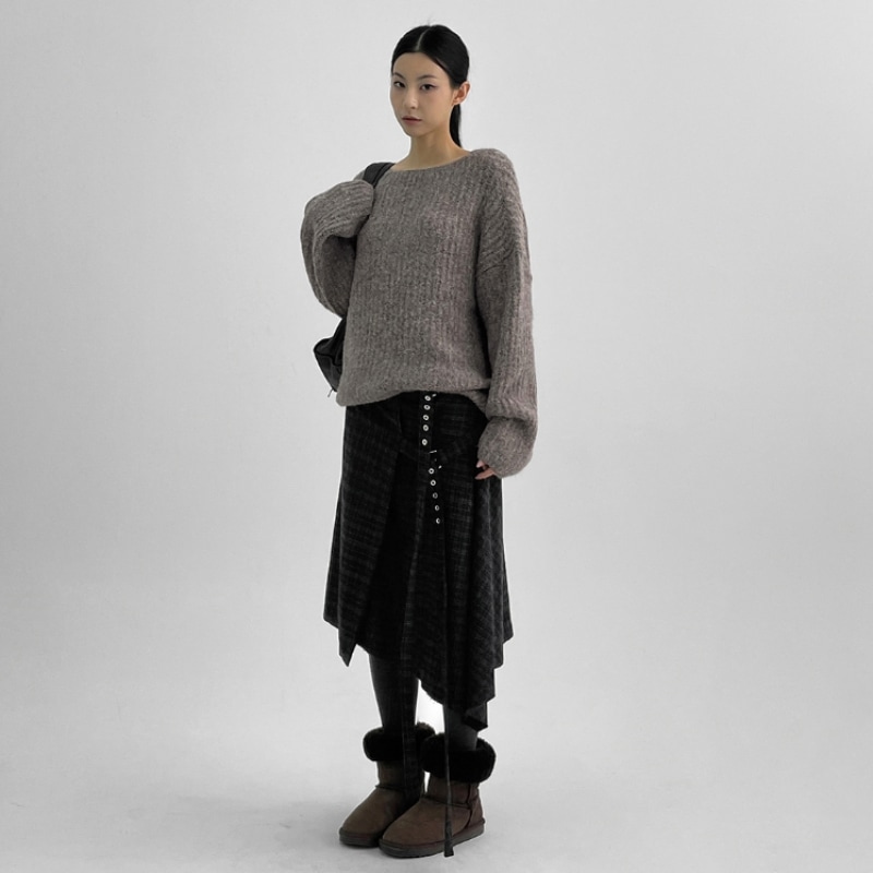 ブラックアップトールバックチェックプリーツミディスカート (30% ウール) ブラックアップトールバックチェックプリーツミディスカート (30% ウール)