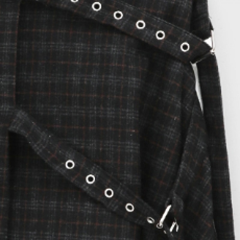 ブラックアップトールバックチェックプリーツミディスカート (30% ウール) ブラックアップトールバックチェックプリーツミディスカート (30% ウール)