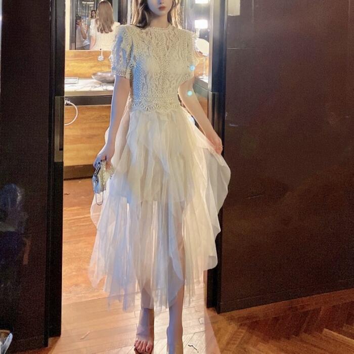 パーティー ワンピース 袖あり ロング丈 エレガント レース チュール レディース ワンピ ドレス フリル 半袖 きれいめ 二次会 セレモニー フェミニン お呼ばれ グレー ベージュ 春 秋 夏 20