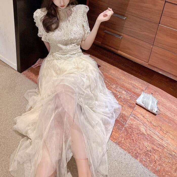 パーティー ワンピース 袖あり ロング丈 エレガント レース チュール レディース ワンピ ドレス フリル 半袖 きれいめ 二次会 セレモニー フェミニン お呼ばれ グレー ベージュ 春 秋 夏 20